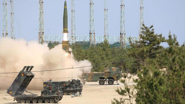 A surface-to-surface missile is launched during a joint live-firing exercise between U.S. and South Korea in unidentified location, South Korea, May 25, 2022. Joint Chiefs of Staff/Yonhap via REUTERS/File Photo