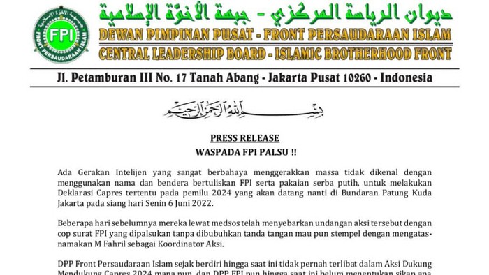 Sikap DPP Front Persaudaraan Islam (FPI).
