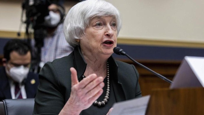 Treasury Secretary Janet Yellen testifies during a House Committee on Financial Services hearing on the Annual Report of the Financial Stability Oversight Council, Thursday, May 12, 2022 on Capitol Hill in Washington. (Graeme Jennings/Pool photo via AP)