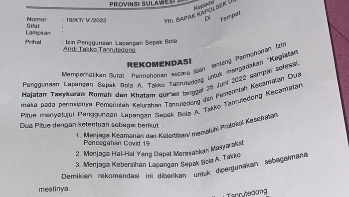 Surat rekomendasi izin kegiatan baru usai diralat pemerintah setempat terkait heboh festival waria di Sidrap.