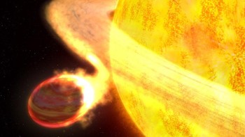 Wasp-76b mengalami hujan besi. Ia berjarak sangat dekat dengan bintangnya. Akibatnya, suhu di siang harinya mencapai 4.000 derajat Celcius, cukup panas untuk membuat metal menguap. Tapi di sisi lainnya yang selalu gelap karena tidak menghadap ke arah bintang, suhunya 1.000 derajat lebih dingin sehingga metal-metal bisa mengembun dan menetes seperti hujan. Foto: NASA/JPL-Caltech