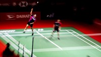 Ganda putra Indonesia Kevin Sanjaya Sukamuljo/Marcus Fernaldi Gideon berhadapan dengan wakil Prancis Christo Popov/Toma Junior Popov di babak kualifikasi Daihatsu Indonesia Masters 2022 di Istora Senayan, Jakarta, Selasa (7/6/2022).