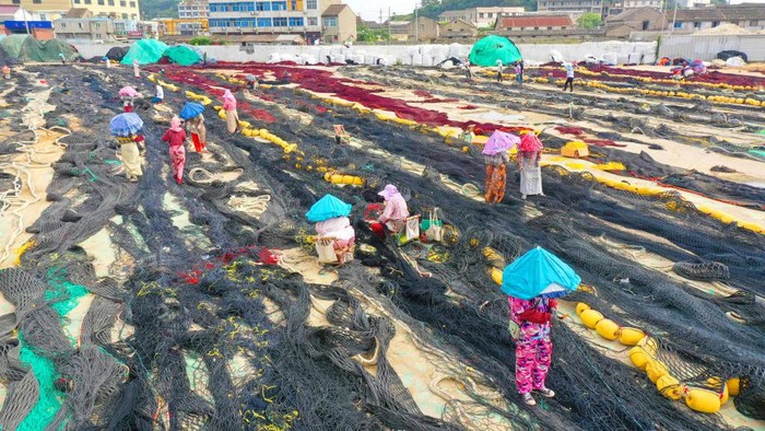 WENLING, CHINA - JUNE 08: A view of fishermen repairing the fishing nets at a fishing port during the annual summer fishing ban, which covers the Bohai Sea, the Yellow Sea, the East China Sea, and the waters north of 12 degrees north latitude in the South China Sea, on June 8, 2022 in Wenling, Taizhou City, Zhejiang Province of China. (Photo by Liu Zhenqing/VCG via Getty Images)