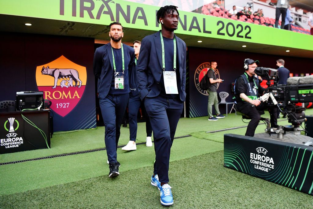 TIRANA, ALBANIA - MAY 24: Ebrima Darboe of AS Roma looks on during the stadium walk-around at Arena Kombetare on May 24, 2022 in Tirana, Albania. AS Roma will face Feyenoord in the UEFA Conference League final on May 25, 2022. (Photo by Valerio Pennicino - UEFA/UEFA via Getty Images)