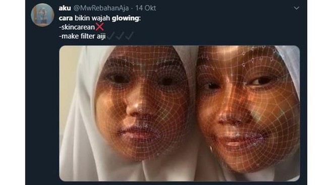 Ingin kulit glowing secara instan? Pakai filter kuncinya. Nggak perlu rutin pakai skincare, cukup buka media sosial dan pilih filter yang bisa bikin kulit jadi glowing. Foto: Twitter