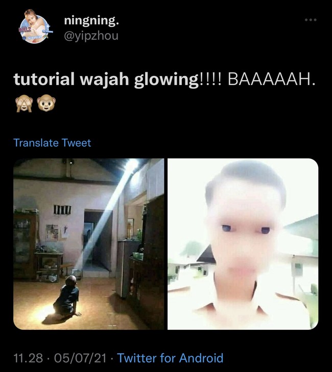 Tutorial wajah glowing di foto yang sangat muudah dilakukan. Cukup mencari cahaya dan wajah akan berubah. Hasilnya silahkan dinilai sendiri deh.. Foto: Twitter