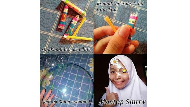 Selain bisa dijadikan mainan rupanya balon tiup ini juga bisa memberikan efek glowing di kulit loh. Caranya sangat mudah, cukup dengan menempelkan balon tiup yang sudah jadi ke wajah, berani coba? Foto: Instagram/awreceh.id