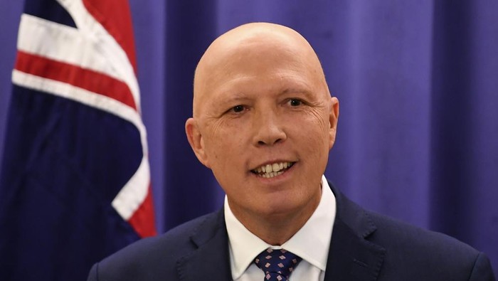 Peter Dutton, leader of the Liberal Party, speaks to the media after a party room meeting at Parliament House in Canberra, Monday, May 30, 2022. Dutton replaces Scott Morrison as the leader of Australias conservative Liberal Party following Morrisons national election defeat. (Lukas Coch/AAP Image via AP)