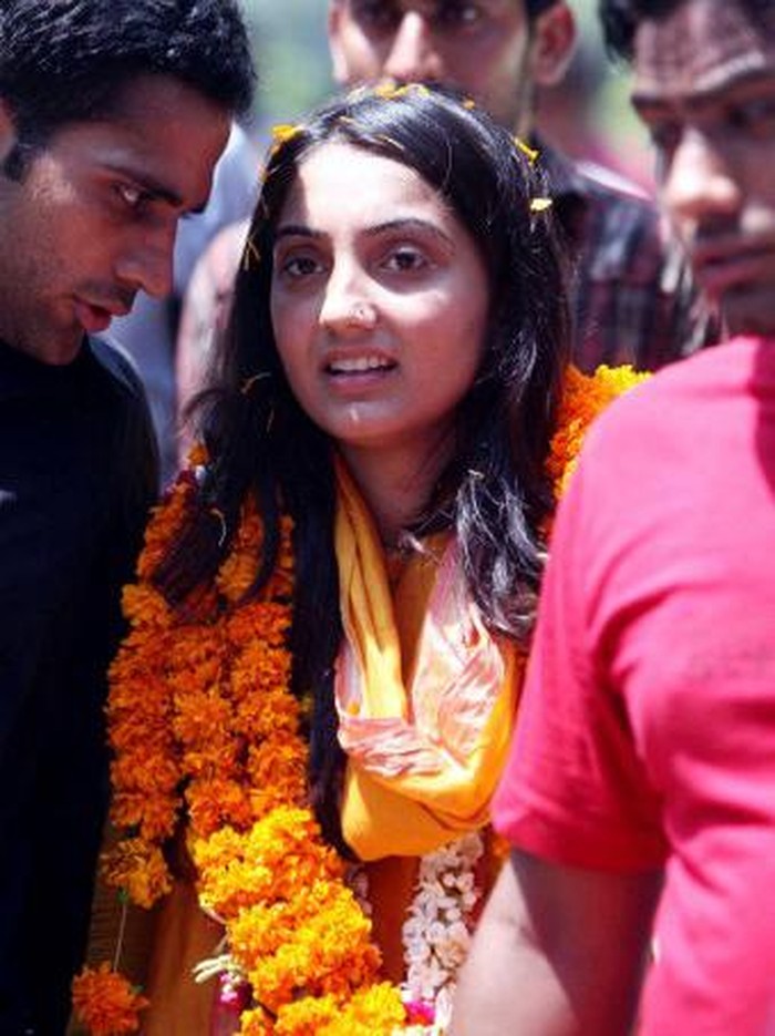 This picture taken on September 6, 2008, shows the then student leader Nupur Sharma (C) celebrating her win in students election in New Delhi. - Comments by Bharatiya Janata Party spokeswoman Nupur Sharma last week on May 26, 2022, describing the prophet Mohammeds relationship with his youngest wife have sparked furore among Muslims. (Photo by AFP)