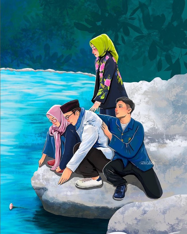 Jenazah Eril ditemukan, warganet pun turut merasa lega karena keluarga Ridwan Kamil bisa mengetahui kondisi Eril. Warganet juga berbondong-bondong memberikan ucapan untuk menguatkan keluarga Ridwan Kamil. Illustrator dan animator Sani Febriani membuat ilustrasi keluarga Ridwan Kamil yang berada di pinggir sungai Aare, Swiss sambil menabur setangkai bunga. Dalam ilustrasi itu, Sani membuat bayangan Eril yang menempel di punggung Ridwan Kamil. Ia juga memberikan ucapan doa untuk Eril. Foto: Dok. Instagram @sanifebriani.