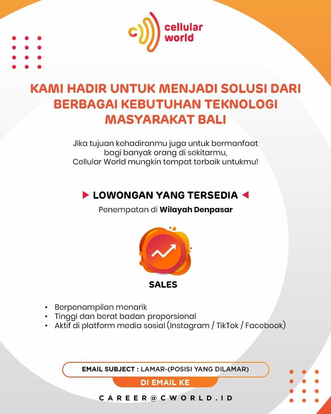 Loker Bali, Cellular World Buka Lowongan Sales di Denpasar