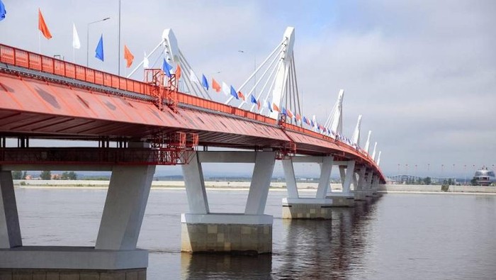 A view of the first border bridge over the Amur (Heilongjiang) river linking the Russian city of Blagoveshchensk and the Chinese city of Heihe during its inauguration ceremony on June 10, 2022. — Photo by Handout / Amur region Government press service via AFP