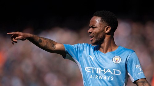 MANCHESTER, ENGLAND - APRIL 23: Raheem Sterling  of Manchester City during the Premier League match between Manchester City and Watford at Etihad Stadium on April 23, 2022 in Manchester, United Kingdom. (Photo by Visionhaus/Getty Images)