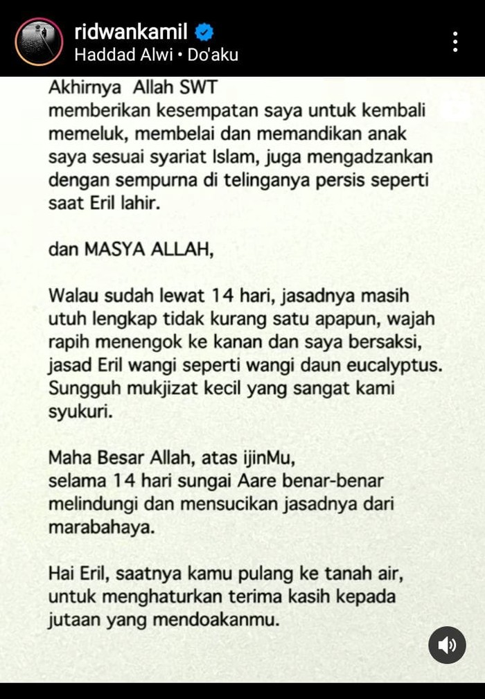 Unggahan Ridwan Kamil terkait Eril yang ditemukan (Instagram @ridwankamil) Unggahan Ridwan Kamil terkait Eril yang ditemukan (Instagram @ridwankamil)