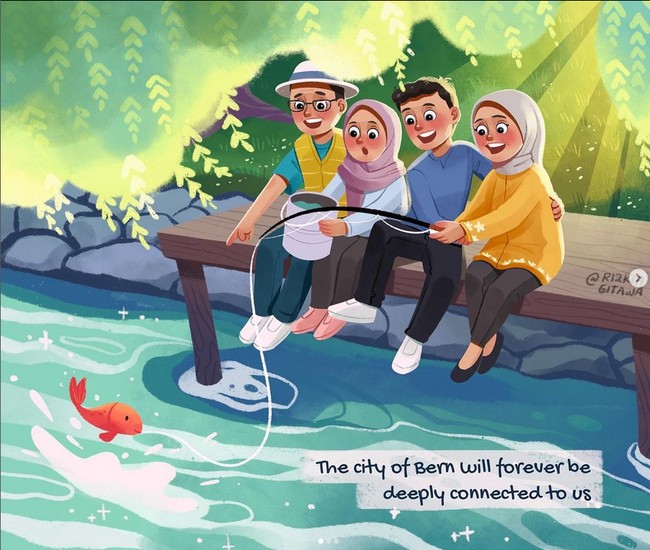 Ilustrator Rizkia Gitawa membuat ilustrasi yang membuat warganet haru. Ia membuat ilustrasi keluarga Ridwan Kamil sedang memancing ikan di pinggir sungai. Mari nanti kita berkumpul kembali seperti biasanya dalam keabadian”. Dear Eril, damailah engkau dalam pelukan hangat & cinta tak terbatas Allah SWT 🖤. Turut berduka cita untuk yg ditinggalkan, Bp @ridwankamil & Ibu @ataliapr sekeluarga atas kepergian yang terkasih 🙏🏼🖤Quote pada illustrasi by Walikota Bern, tulis @rizkiagitawaart. Foto: Dok. Instagram @rizkiagitawaart.
