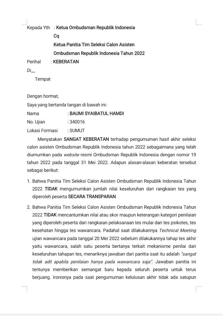 Surat keberatan dari peserta seleksi calon asisten Ombudsman RI