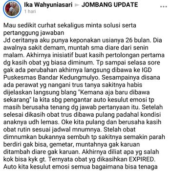 Unggahan keluarga balita yang menerima oralit kedaluwarsa dari Puskesmas Bandar Kedung Mulyo Jombang