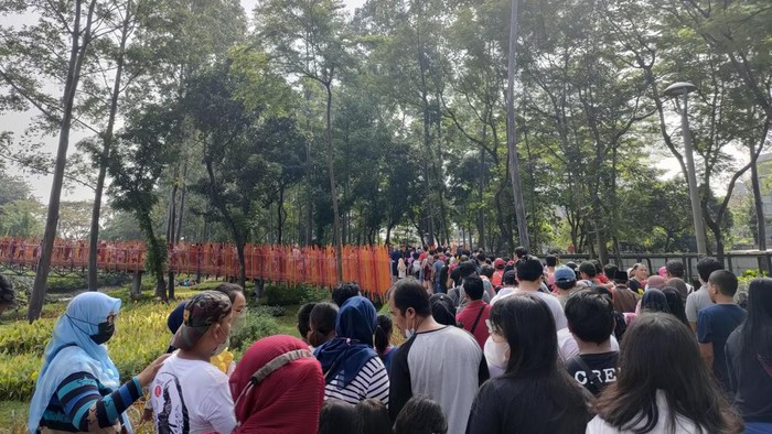 Antusias pengunjung Tebet Eco Park melewati Infinity Bridge, rela antre panjang.
