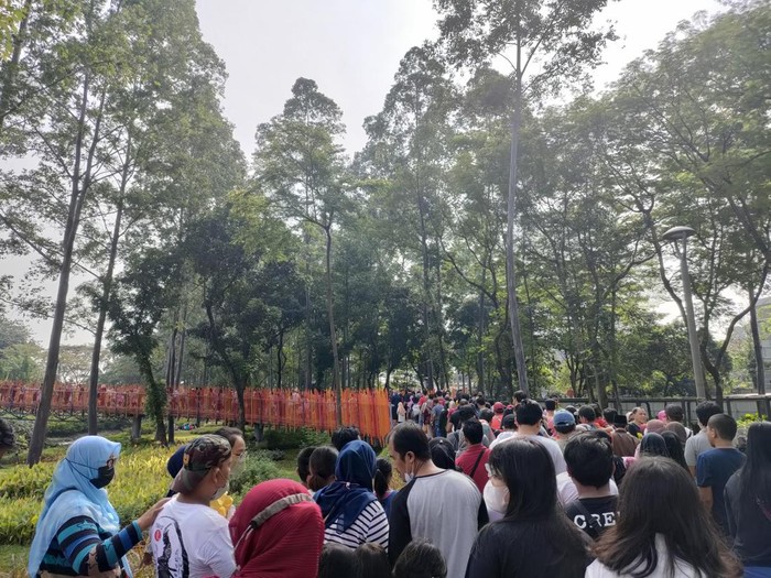 Antusias pengunjung Tebet Eco Park melewati Infinity Bridge, rela antre panjang.
