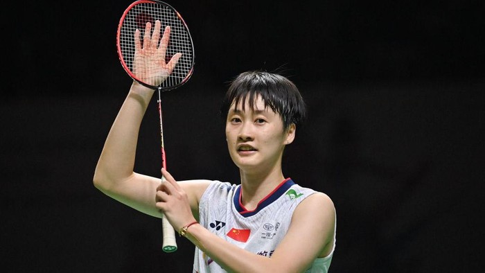 Chinas Chen Yu Fei gestures after winning against Chinas He Bing Jiao during their womens singles semifinal at Indonesia Master badminton tournament in Jakarta on June 11, 2022. (Photo by ADEK BERRY / AFP) (Photo by ADEK BERRY/AFP via Getty Images)