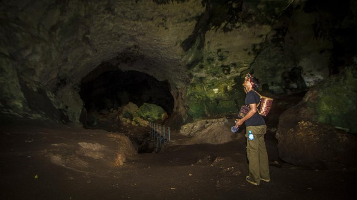 Jelajah Situs Geologi di Geopark Meratus Kalimantan Selatan Pengunjung melihat pemandangan batuan di dalam goa Batu Hapu di Kecamatan Hatungun, Kabupaten Tapin, Kalimantan Selatan, Sabtu (11/6/2022). Objek wisata alam goa karst yang termasuk salah satu situs geologi Geopark Meratus itu terletak di tengah Pegunungan Meratus yang memiliki beberapa ruang di dalamnya dengan keunikan stalaktit dan stalagmit. ANTARA FOTO/Bayu Pratama S/nym.