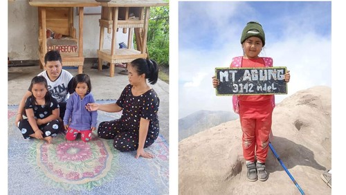 Putu Widya bersama ayah, ibu, dan adiknya saat ditemui di rumahnya (kiri) dan Putu Widya saat berada di puncak Gunung Agung (kanan).