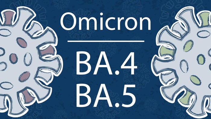BA.4 BA.5 Different colors of the spike proteins symbolize different mutations. Coronavirus pattern on dark blue background. The pale viruses are different in size.