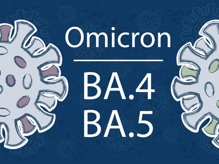 Different colors of the spike proteins symbolize different mutations. Coronavirus pattern on dark blue background. The pale viruses are different in size.