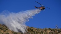 Helikopter menjatuhkan air di atas kebakaran hutan di Wrightwood, California, Minggu 12 Juni 2022.