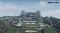 Tampak desain istana yang megah dikelilingi pepohonan dan sungai. Di depan istana terdapat lapangan. Tidak jauh dari situ terpampang tulisan Istana berwarna kecoklatan. Bangunan istana juga berbentuk garuda, sesuai dengan yang direncanakan. (Dok. Instagram Nyoman Nuarta)