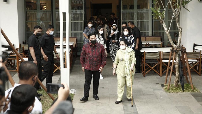 Ketua Umum PDIP Megawati Soekarnoputri dan Menteri BUMN Erick Thohir menyambangi Gedung Sarinah, Jakarta Pusat, Senin (13/6/2022).