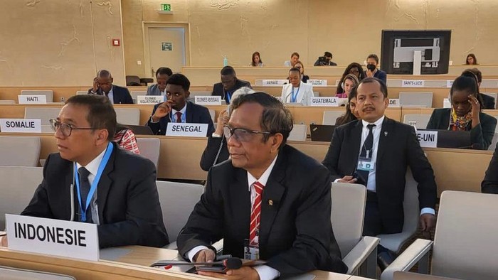 Menko Polhukam Mahfud Md saat menghadiri forum PBB di Jenewa, Swiss