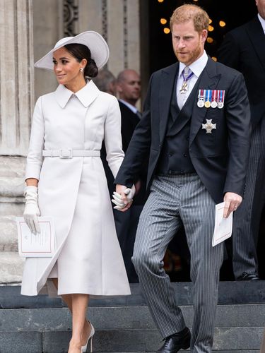 LONDON, ENGLAND - JUNE 03: Meghan, Duchess of Sussex and Prince Harry, Duke of Sussex attend the National Service of Thanksgiving at St Paul's Cathedral on June 03, 2022 in London, England. The Platinum Jubilee of Elizabeth II is being celebrated from June 2 to June 5, 2022, in the UK and Commonwealth to mark the 70th anniversary of the accession of Queen Elizabeth II on 6 February 1952.  on June 03, 2022 in London, England. The Platinum Jubilee of Elizabeth II is being celebrated from June 2 to June 5, 2022, in the UK and Commonwealth to mark the 70th anniversary of the accession of Queen Elizabeth II on 6 February 1952. (Photo by Samir Hussein/WireImage,)