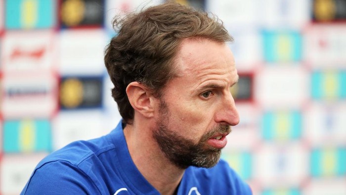 WOLVERHAMPTON, ENGLAND - JUNE 13: Gareth Southgate, Manager of England speaks during a press conference following an England Training Session at The Sir Jack Hayward Training Ground on June 13, 2022 in Wolverhampton, England. (Photo by Jack Thomas - WWFC/Wolves via Getty Images)