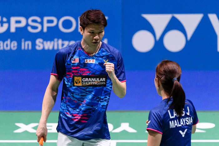 BASEL, SWITZERLAND - MARCH 27: Goh Soon Huat and Lai Shevon Jemie of Malaysia celebrating a point during the Yonex Swiss Open Mixed Double Finals at St. Jakobshalle on March 27, 2022 in Basel, Switzerland. (Photo by Marcio Machado/Eurasia Sport Images/Getty Images)