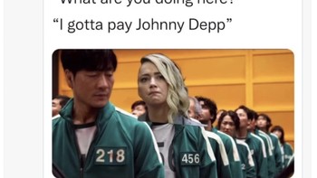 Meme Amber Heard ikut jadi peserta Squid Game karena harus banyak membayar uang denda kepada mantan suaminya Johnny Depp. Foto: Twitter