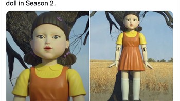 Kicauan candaan bahwa nanti akan ketahuan siapa pacar boneka ikonik di Squid Game ini. Foto: Twitter