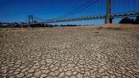 Tanah retak dan kering terlihat di dasar Sungai Loire dekat jembatan Anjou-Bretagne.