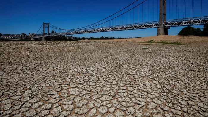 Cracked and dry earth is seen in the wide riverbed of the Loire River near the Anjou-Bretagne bridge as a heatwave hits Europe, in Ancenis-Saint-Gereon, France, June 13, 2022. REUTERS/Stephane Mahe