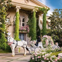 Rumah pasangan tersebut tampak seperti kastil di negeri dongeng pada hari pernikahan mereka. Selain karena dekorasi bunga dan rerumputan, kesan fairy tale juga terasa karena hadirnya kereta kuda.Foto: Instagram @kevinostaj