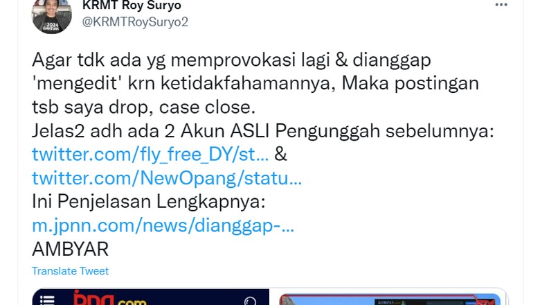 Roy Suryo drop postingan foto stupa Candi Borobudur mirip Jokowi, Selasa (14/6/2022)