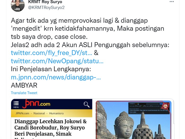 Roy Suryo drop postingan foto stupa Candi Borobudur mirip Jokowi, Selasa (14/6/2022)