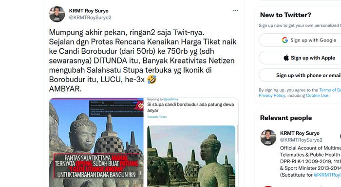 Tangkapan layar akun Twitter Roy Suryo