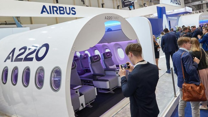 14 June 2022, Hamburg: A transparent trade show exhibit of an aircraft seat from TE-Connectivity stands at the Aircraft Interiors Expo (AIX) in the Hamburg exhibition halls. It illustrates the complexity of the electronics that ensure in-flight entertainment, travel comfort and safety for passengers. The Aircraft Interiors Expo will take place from June 14-16, 2022. Photo: Georg Wendt/dpa (Photo by Georg Wendt/picture alliance via Getty Images)