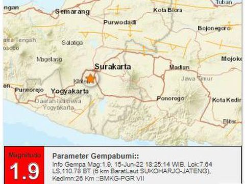 Gempa darat M 1,9 di Sukoharjo, Rabu (15/6/2022) malam.
