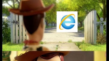 Generasi 90-an mengucapkan selamat tinggal ke Internet Explorer sama seperti Woody dan kawan-kawan yang ditinggal Andy. Foto: Screenshot/Twitter