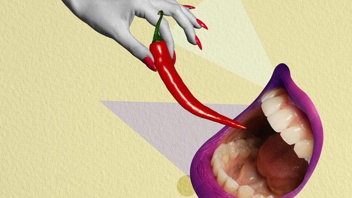 pedas Contemporary art collage. Giant female lips eating red chilli pepper isolated over yellow background. Spicy mood, special taste. Concept of creativity, artwork, cuisine. Colorful design
