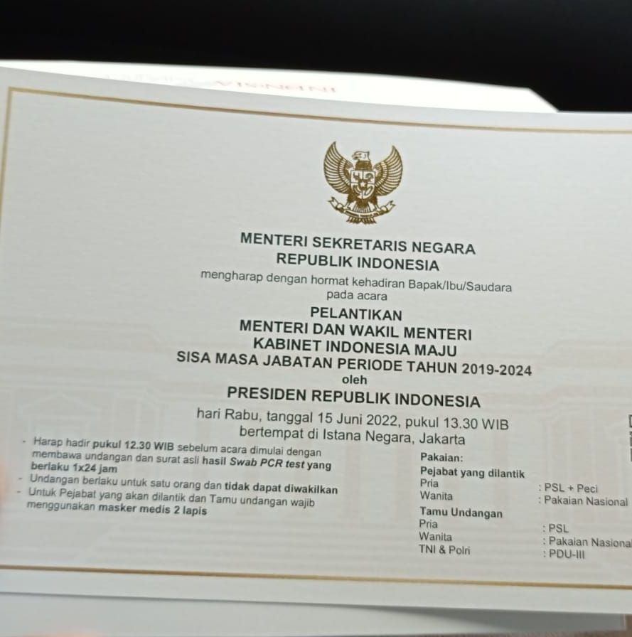 Undangan pelantikan menteri dan wakil menteri 15 Juni 2022 (dok. istimewa).