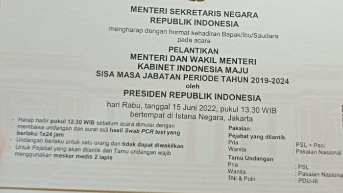 Undangan pelantikan menteri dan wakil menteri 15 Juni 2022 (dok. istimewa).