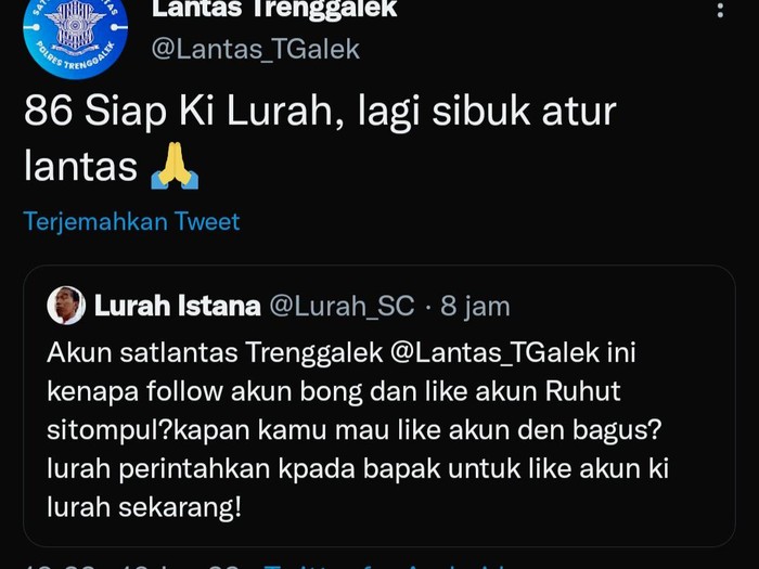 Aksi saling balas cuitan akun Satlantas Polres Trenggalek yang diretas
